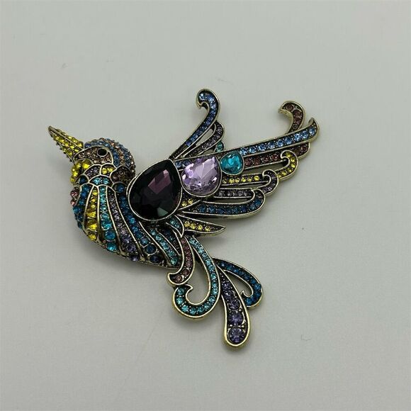 Vibrant Purple, Blue & Green Hummingbird Rhinestone Large Statement Brooch - Picture 4 of 9